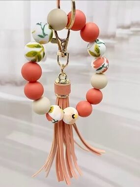 Peach Floral Beaded Tassel Key & Card Holder Bracelet